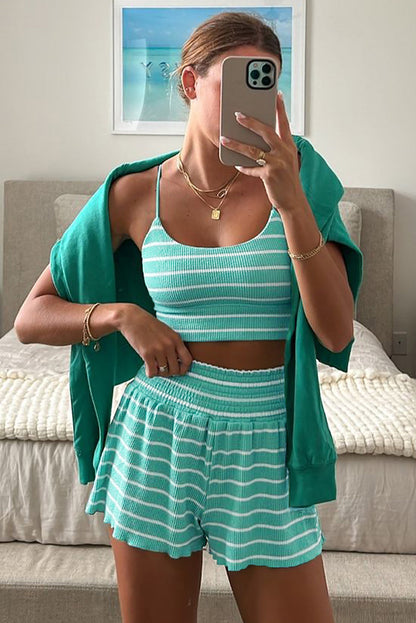 Green Stripe U Neck Crop Cami Top and Shorts Outfit