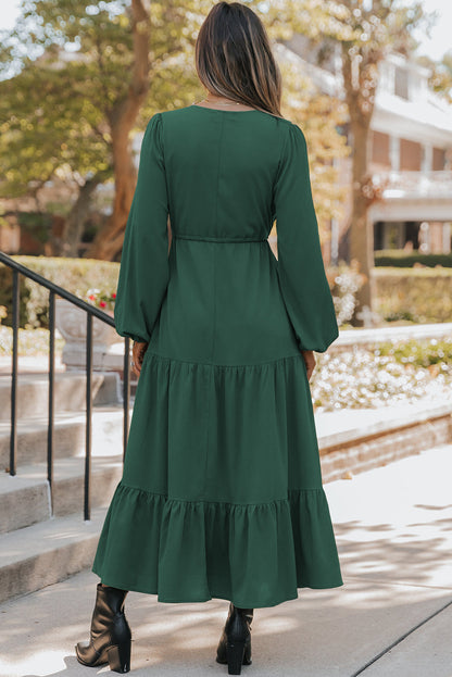 Blackish Green Solid Long Sleeve Button V Neck Tiered Maxi Dress