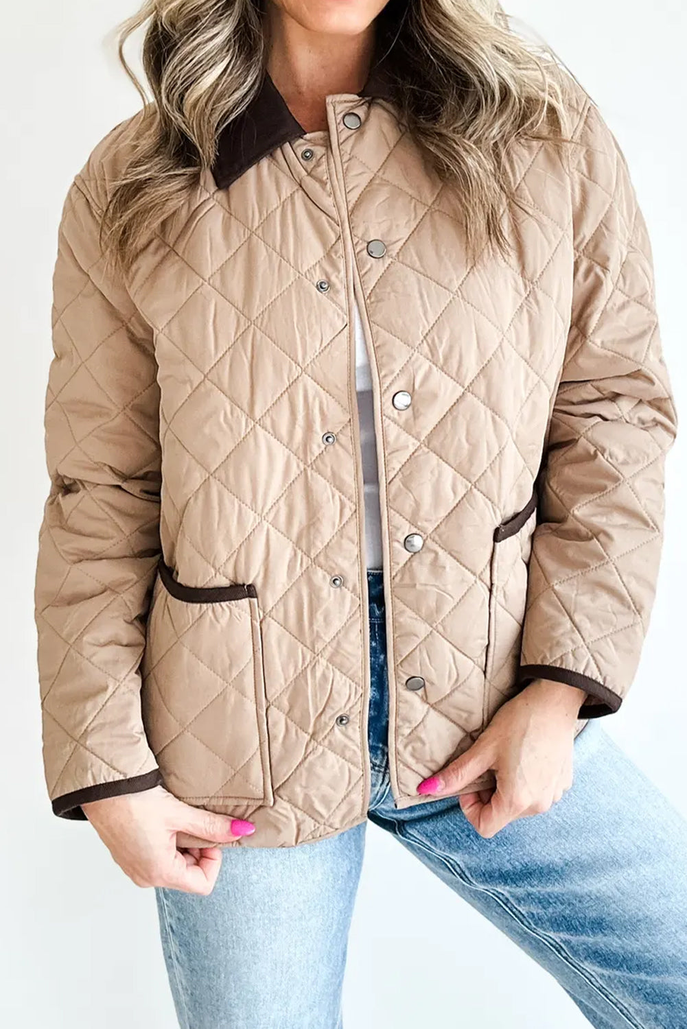 Parchment Snap Button Quilted Color Block Collar Pocketed Winter Jacket