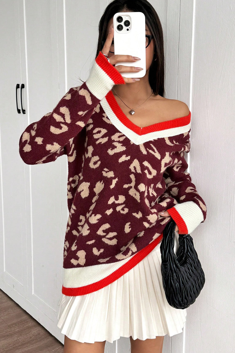 Red Leopard Pattern Knit Contrast Striped Trim V Neck Sweater