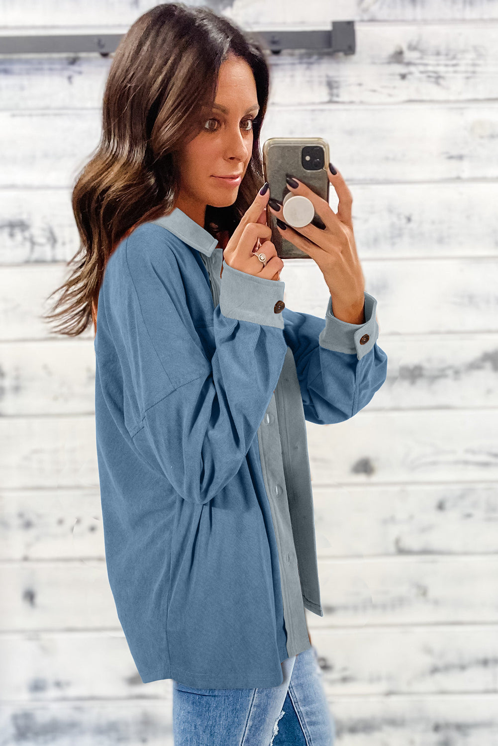 Dusk Blue Velvet Flap Pockets Drop Shoulder Casual Shacket