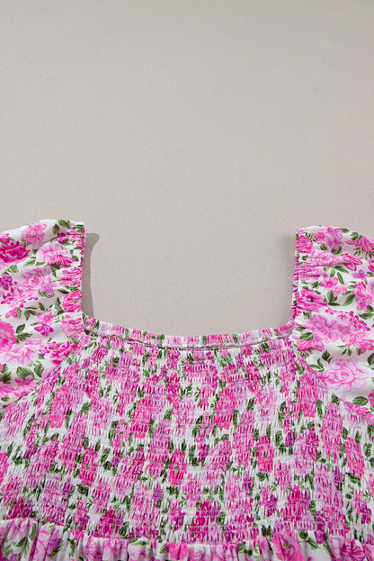 Elegant Pink Floral Smocked Puff Sleeve Maxi Dress