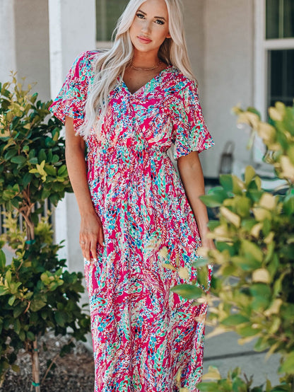 Vintage Print Puff Sleeve Maxi Dress