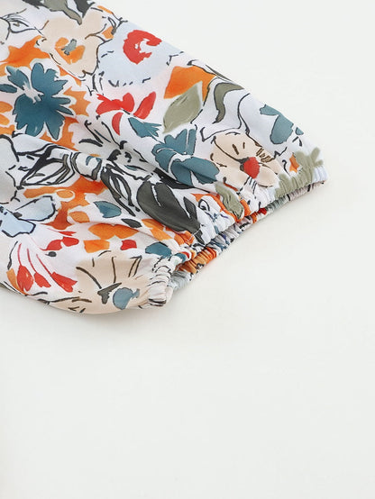 Floral Print Split V Neck Puff Sleeve Blouse