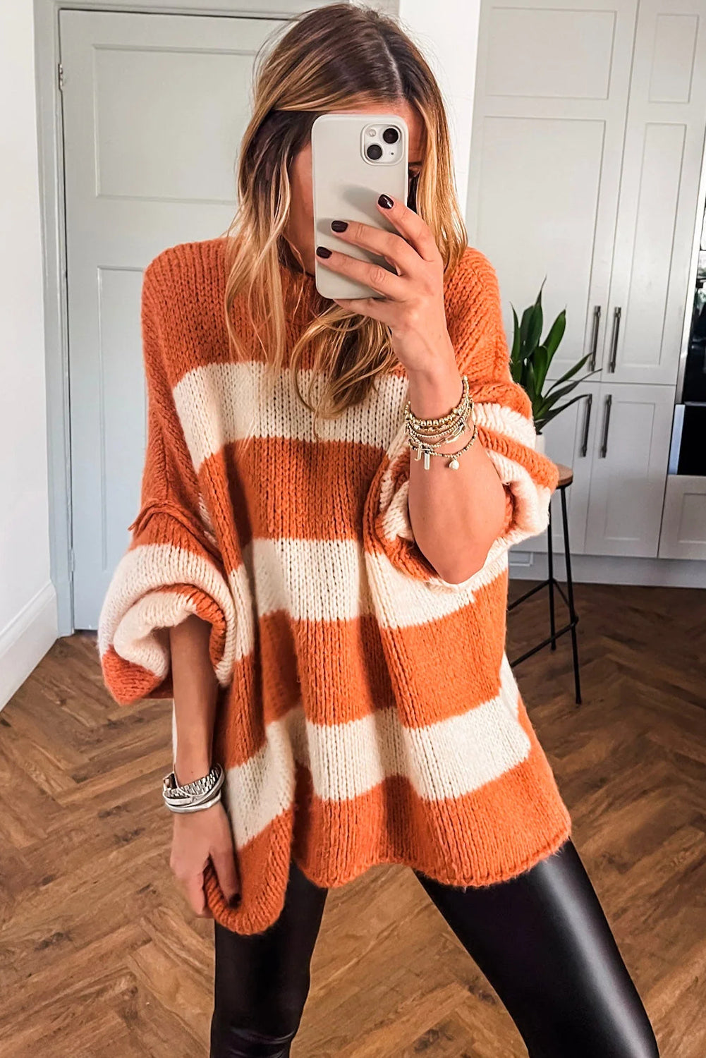 Orange Stripe High Neck Oversized Knit Tunic Sweater