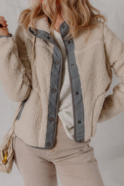 Oatmeal Fleece Sherpa Snap Buttoned Contrast Trim Winter Jacket