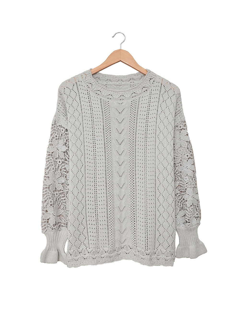 Gray Scallop Neck Crochet Lace Knit Sweater