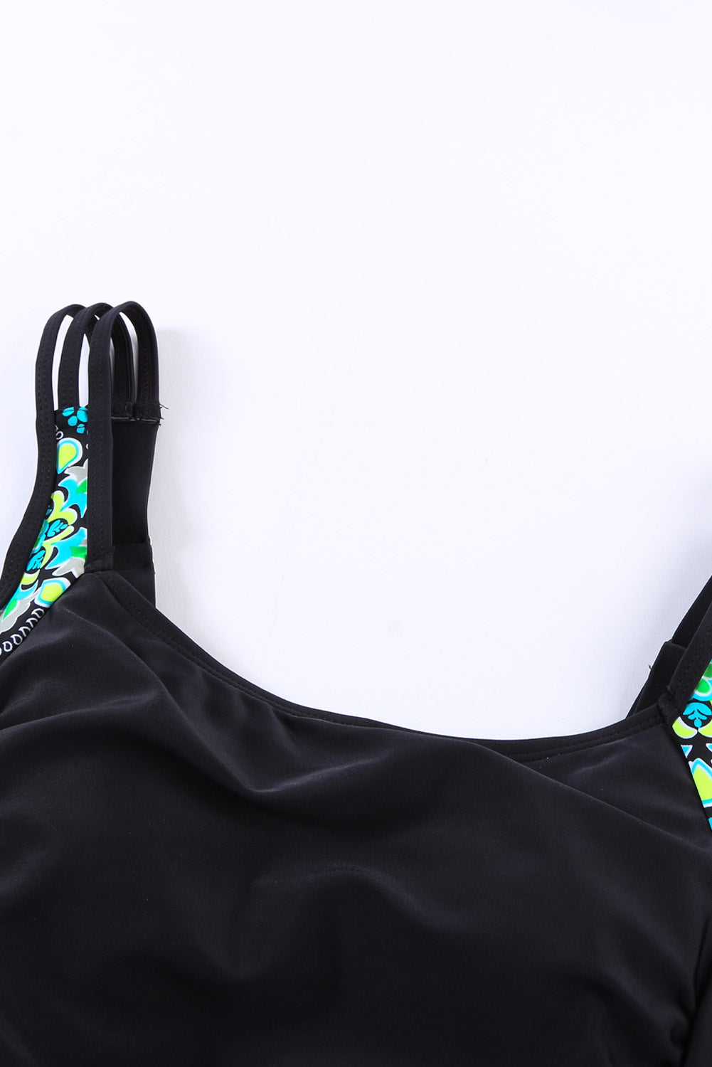 Floral Print Black Swimdress with Adjustable Straps and Ruched Panel