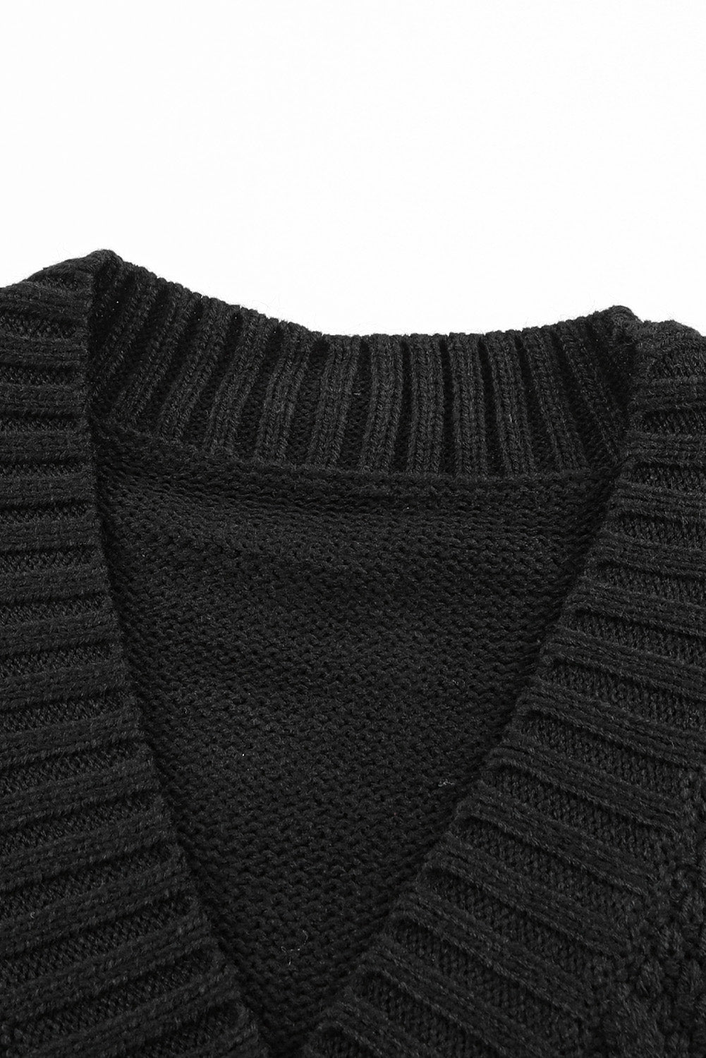 Elegant Black Textured V-Neck Cardigan with Front Pockets