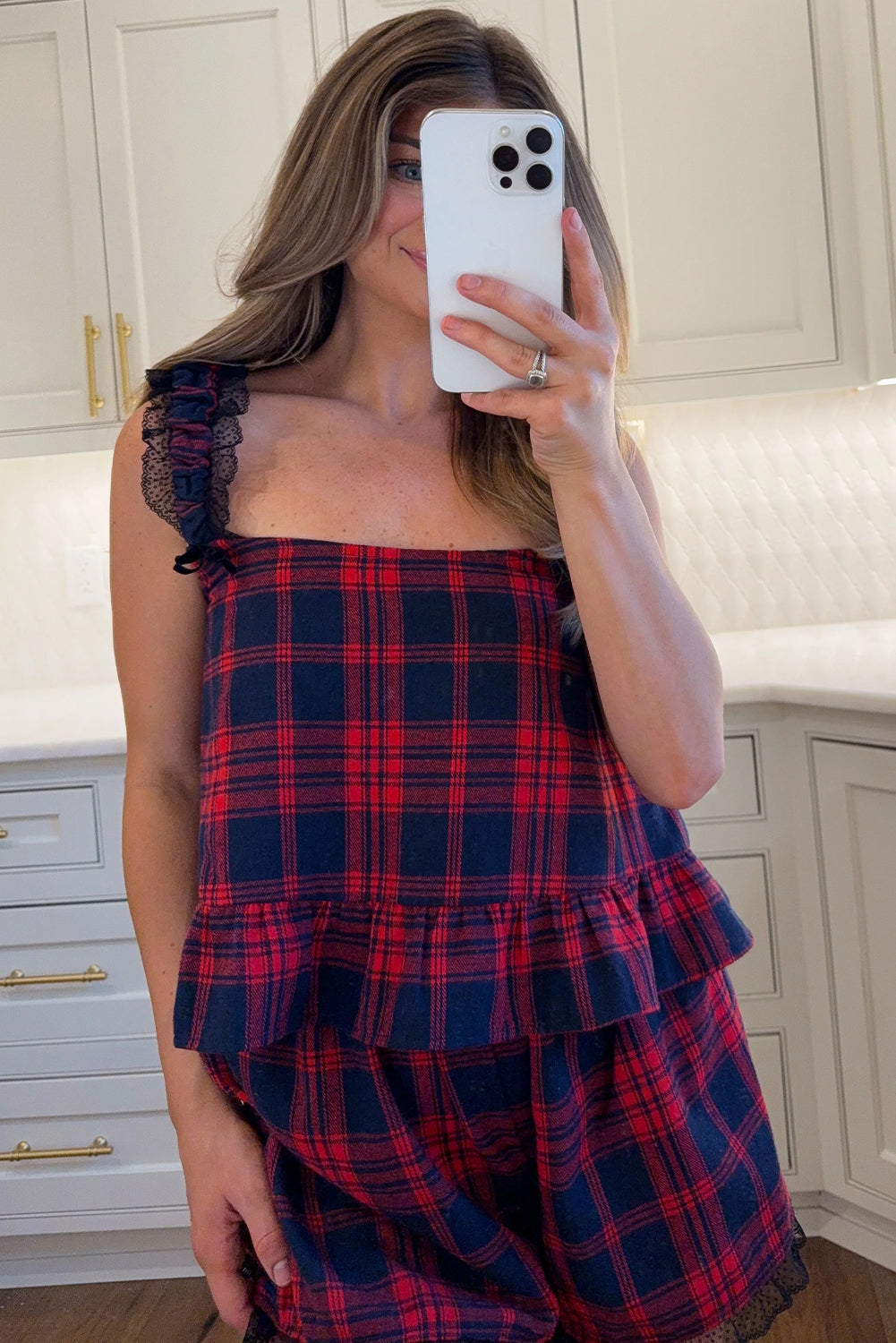 Red Plaid Print Lace Trim Flounce Hem Tank Loose Shorts 2pcs Pajama Set