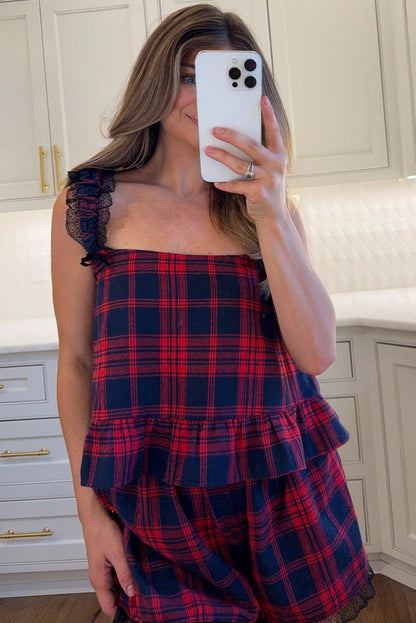 Red Plaid Print Lace Trim Flounce Hem Tank Loose Shorts 2pcs Pajama Set