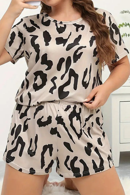 Taupe Leopard Print Plus Size Lounge Set with Tee and Shorts