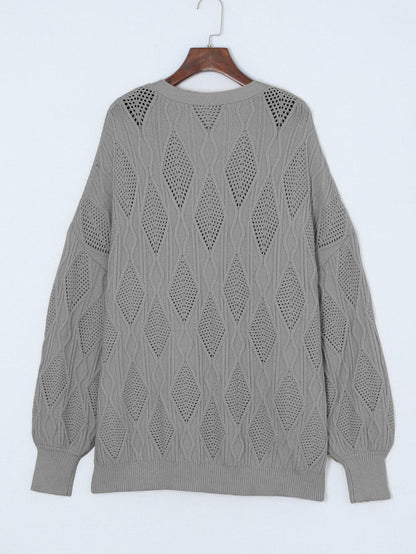 Cozy Gray Hollow Knit Plus Size Button-Up Cardigan