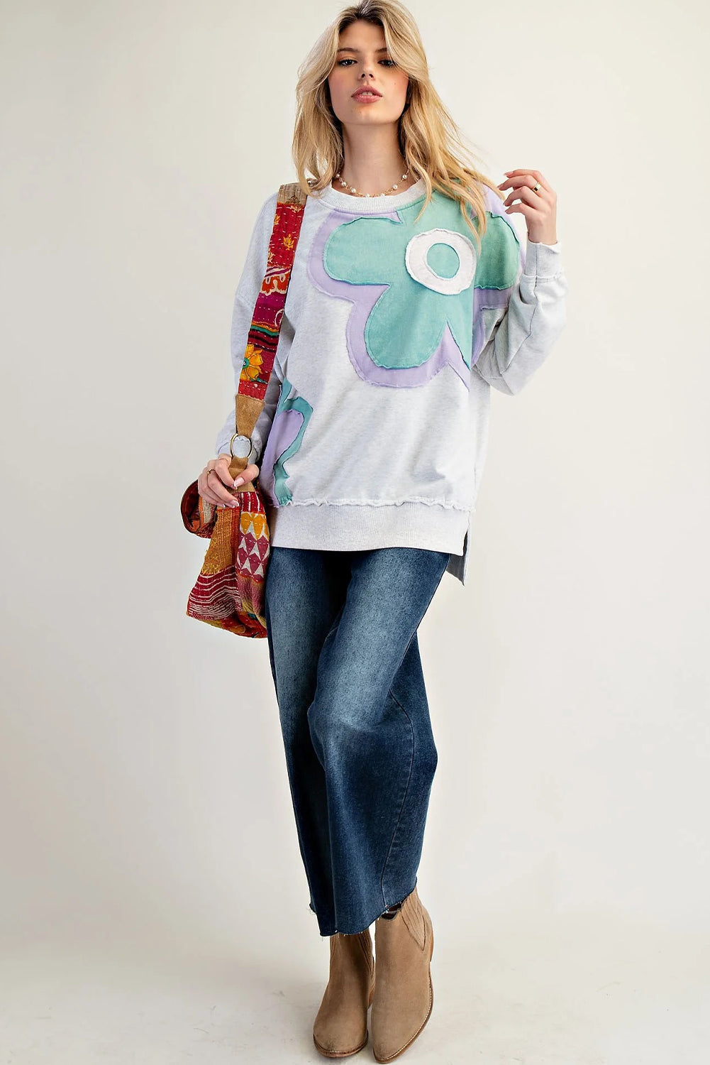 Light Grey Raw Seam Color Block Flower Patched Long Sleeve Top