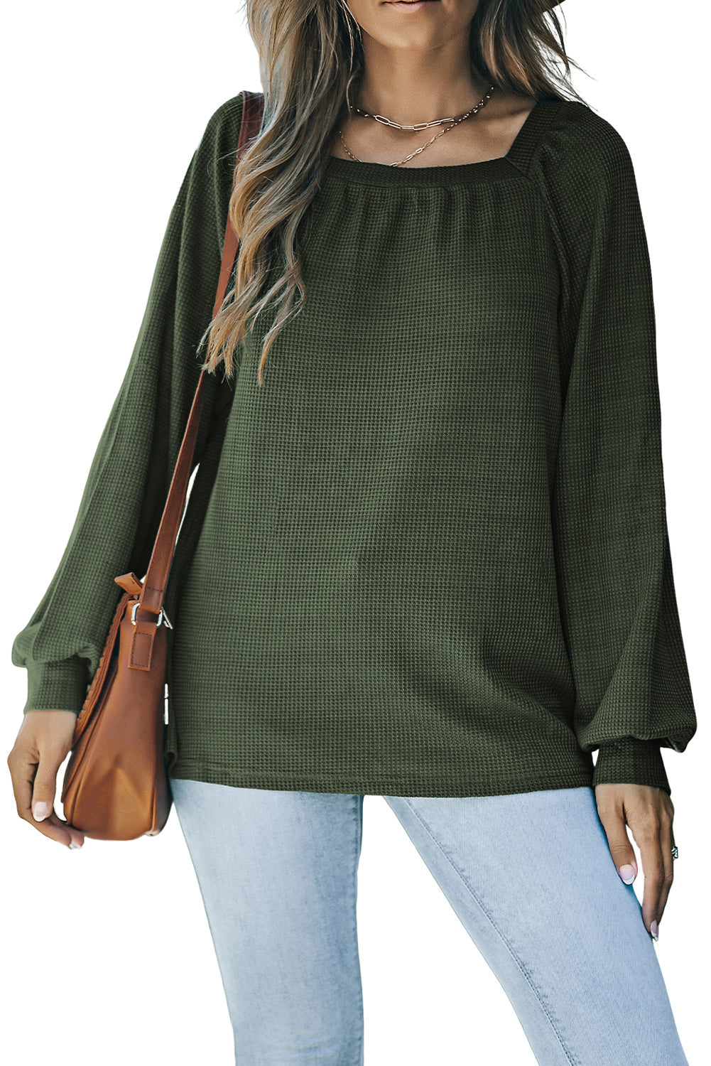 Green Square Neck Loose Fit Waffle Knit Long Sleeve Top