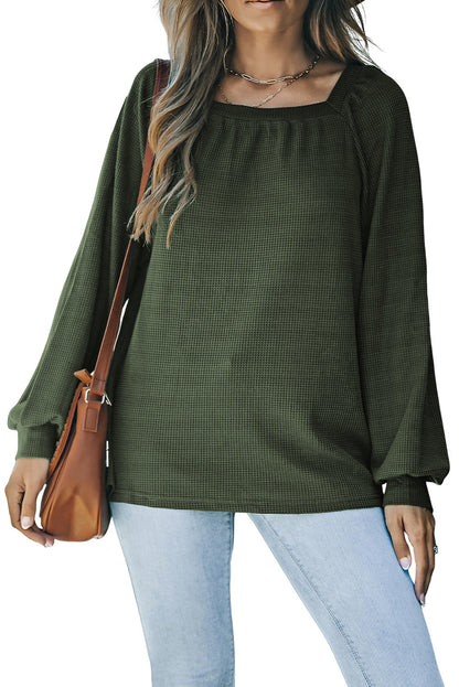 Green Square Neck Loose Fit Waffle Knit Long Sleeve Top