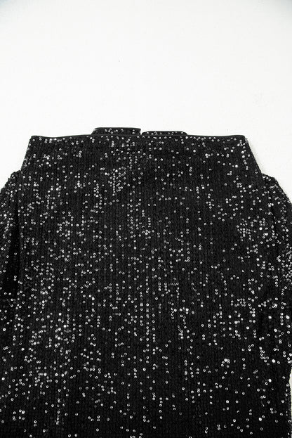 Black Sequin Mock Neck Drape Open Back Bell Sleeve Top