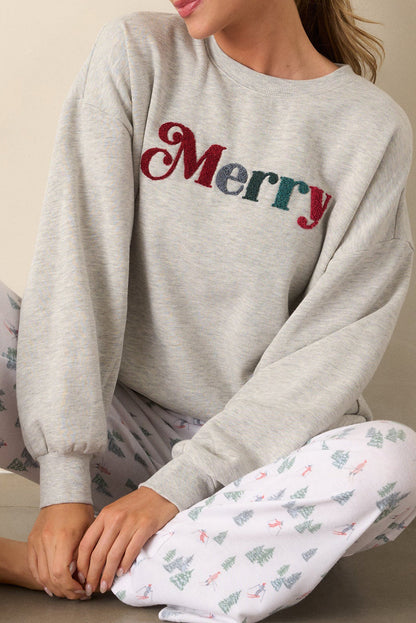 Light Grey Merry Chenille Letter Patched Drop Shoulder Sweatshirt