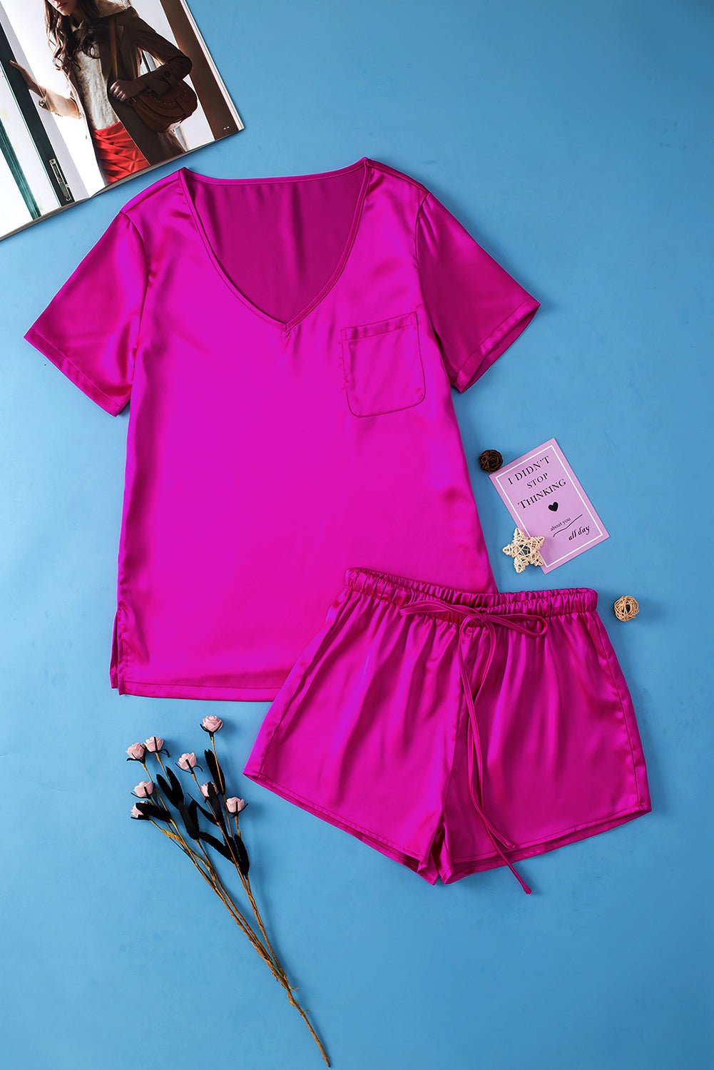 Elegant Bright Pink Satin Lounge Set with V-Neck Tee and Drawstring Shorts