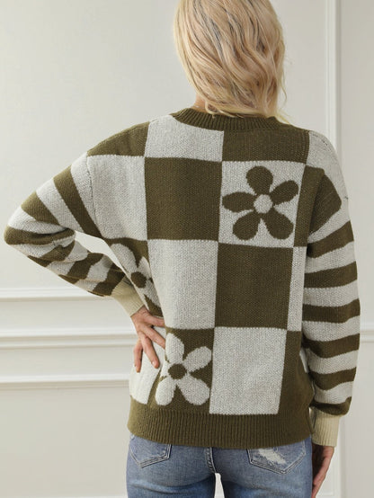 Green Checkered Floral and Striped Sleeve Sweater with Round Neck