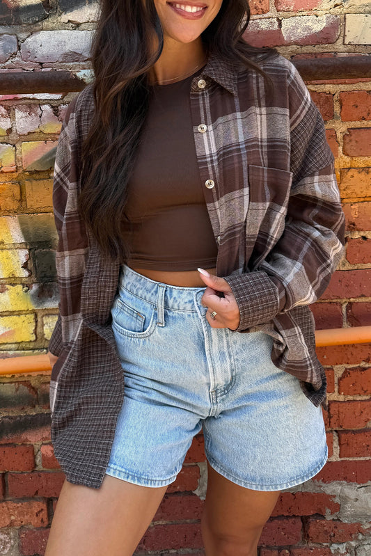 Brown Retro Plaid Patchwork Oversize Shirt