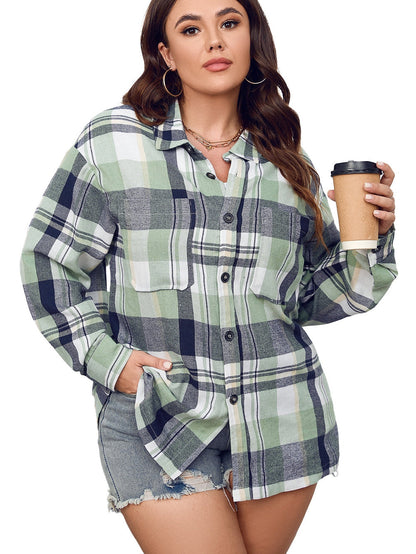 Green Printed Plus Size Chest Pocket Plaid Shirt