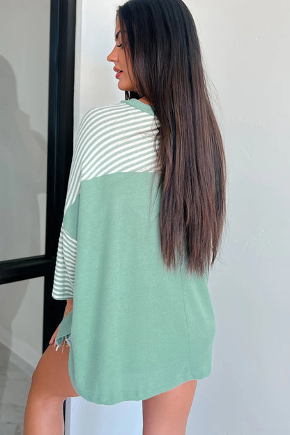 Clearly Aqua Striped Bracelet Sleeve Patchwork Oversize Tee