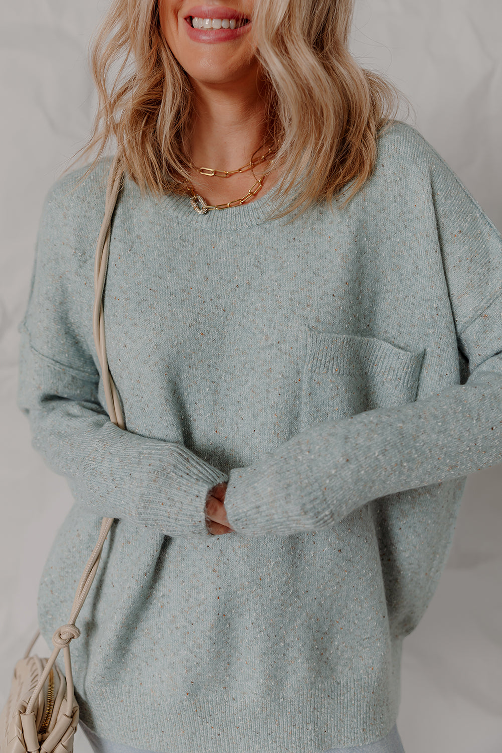 Smoke Green Confetti Knit Ribbed Trim Drop Shoulder Baggy Sweater