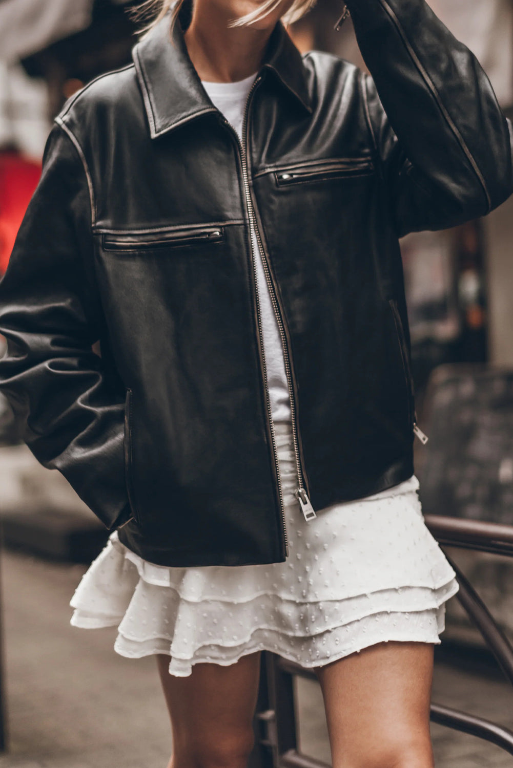 Black Faux Leather Zip Slit Pockets Street Fashion Jacket