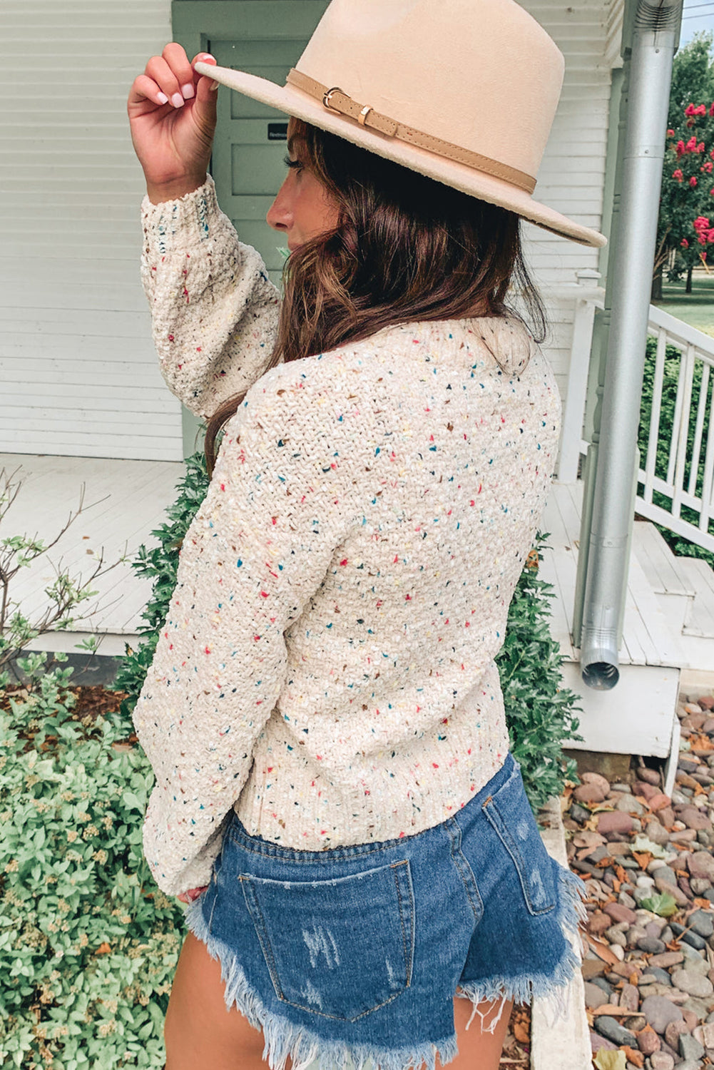 Apricot Confetti Print Long Puff Sleeve Sweater