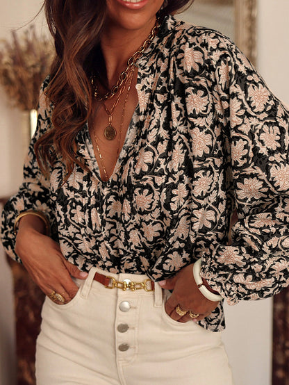 Elegant Black Floral V-Neck Pleated Blouse with Puff Sleeves
