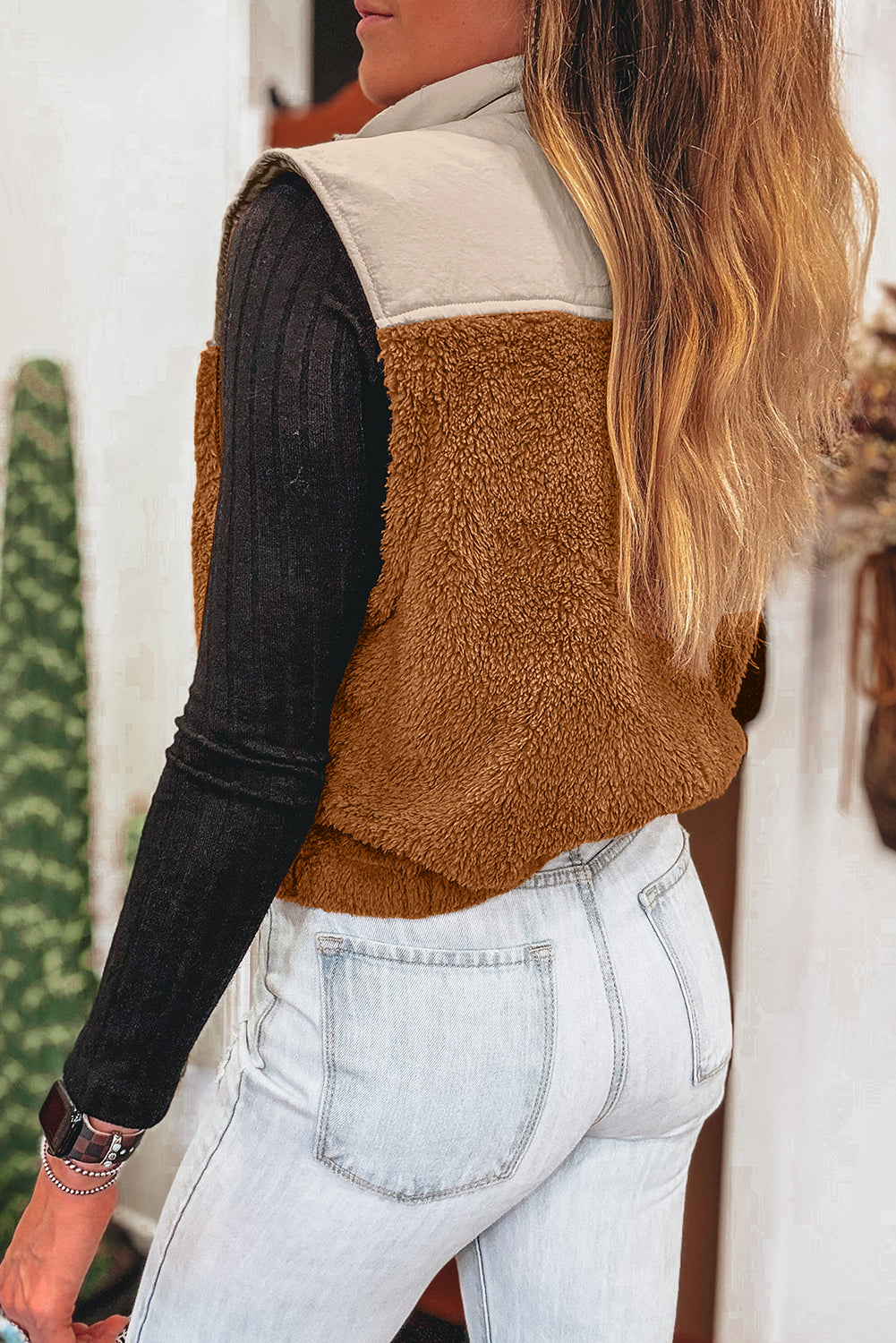Chestnut Color Block Plush Patchwork Zipper Stand Neck Vest