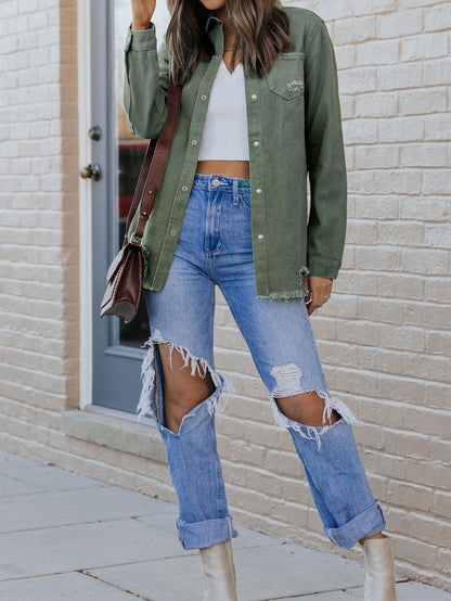 Green Distressed Cotton Shacket