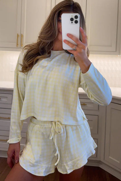 Yellow Gingham Long Sleeve Loose Top Drawstring Shorts 2pcs Pajama Set