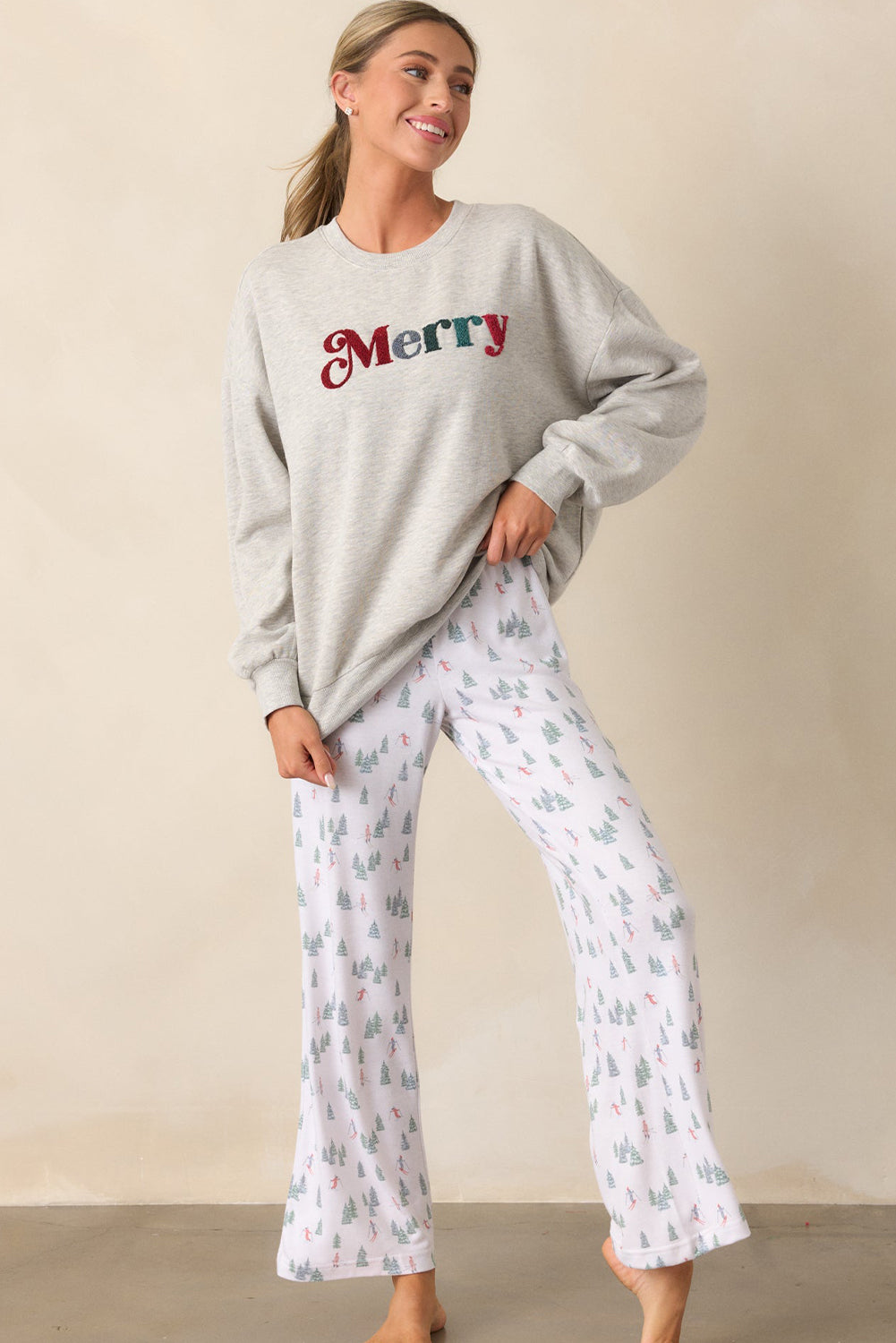 Light Grey Merry Chenille Letter Patched Drop Shoulder Sweatshirt