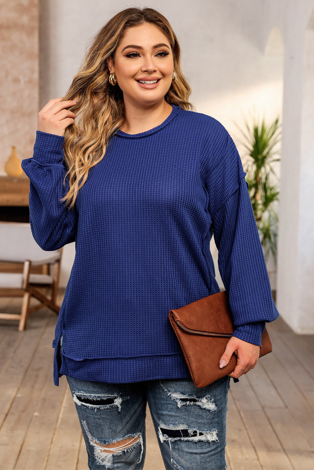 Blue Cozy Waffle Knit Shift Top