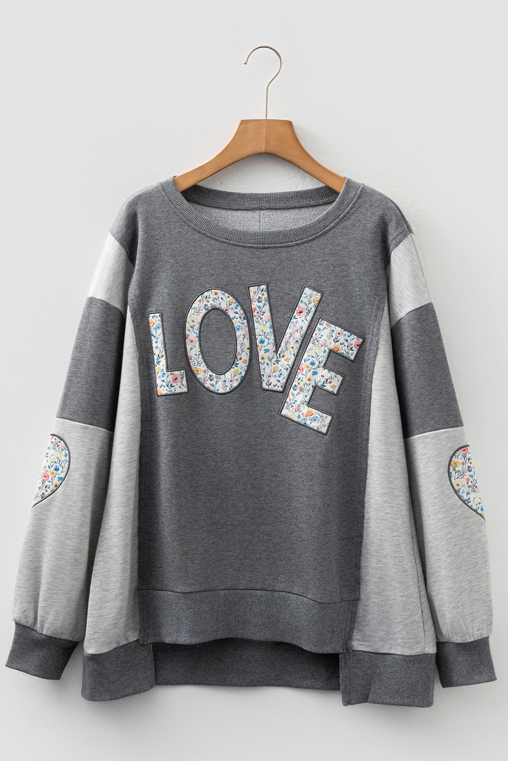 Dark Grey LOVE Graphic Exposed Seam Patchwork Uneven Hem Chic Sweatshirt