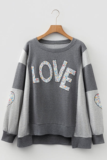 Dark Grey LOVE Graphic Exposed Seam Patchwork Uneven Hem Chic Sweatshirt
