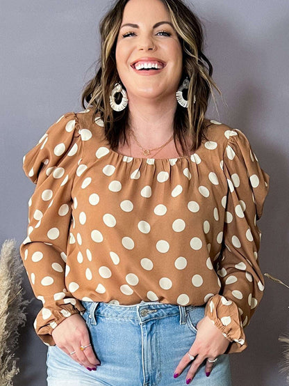 Khaki Polka Dot Ruched Neckline Puff Sleeve Blouse for Curvy Fashionistas