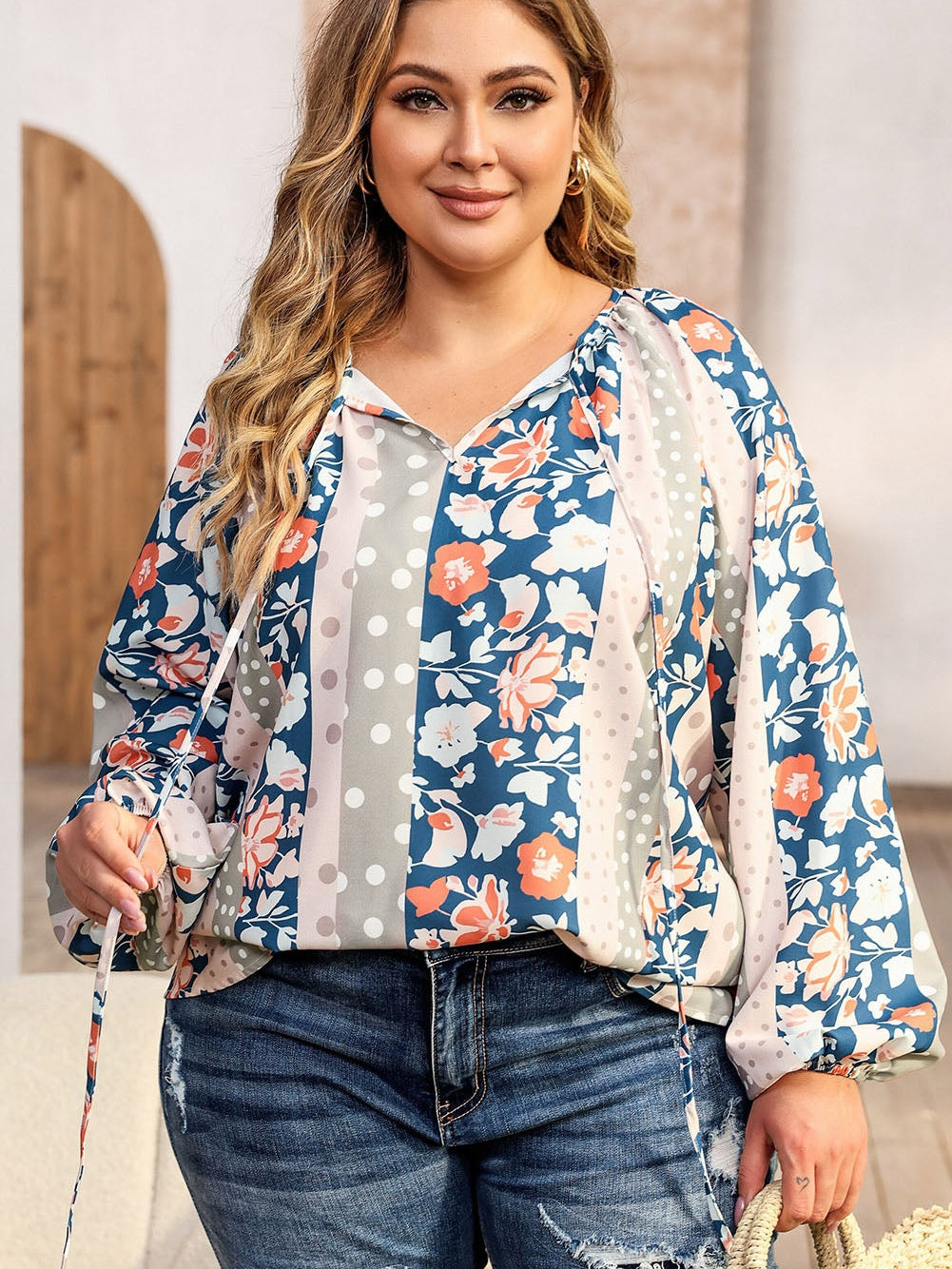 Multicolor Plus Size Mixed Print Split Neck Blouse