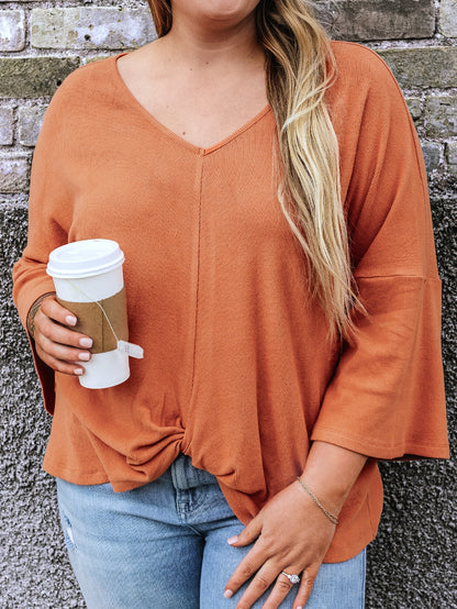 Gold Flame Plus Size Twist Hem Bracelet Sleeve Ribbed Top