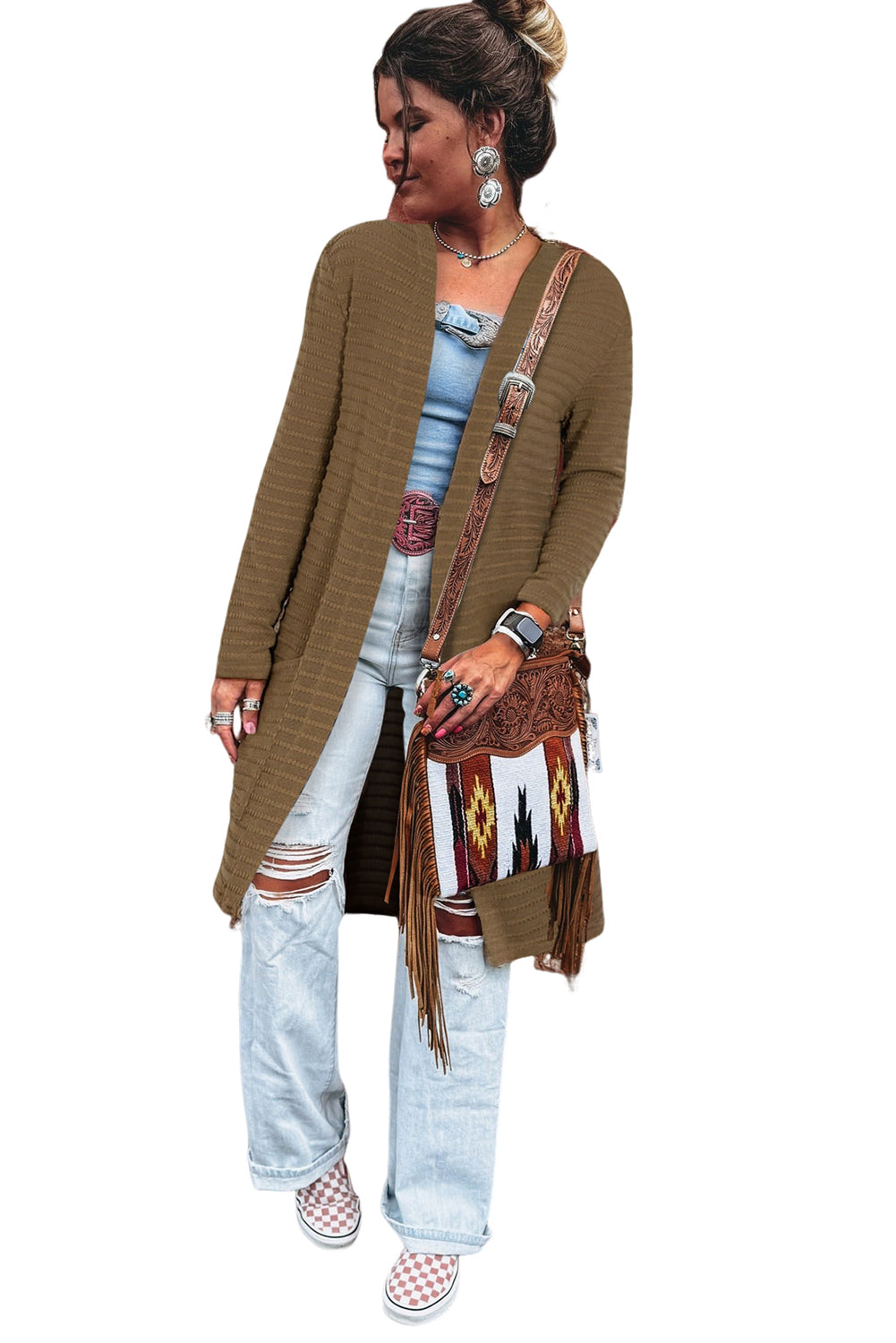 Camel Double Patch Pocket Striped Texture Knit Open Front Duster Cardigan