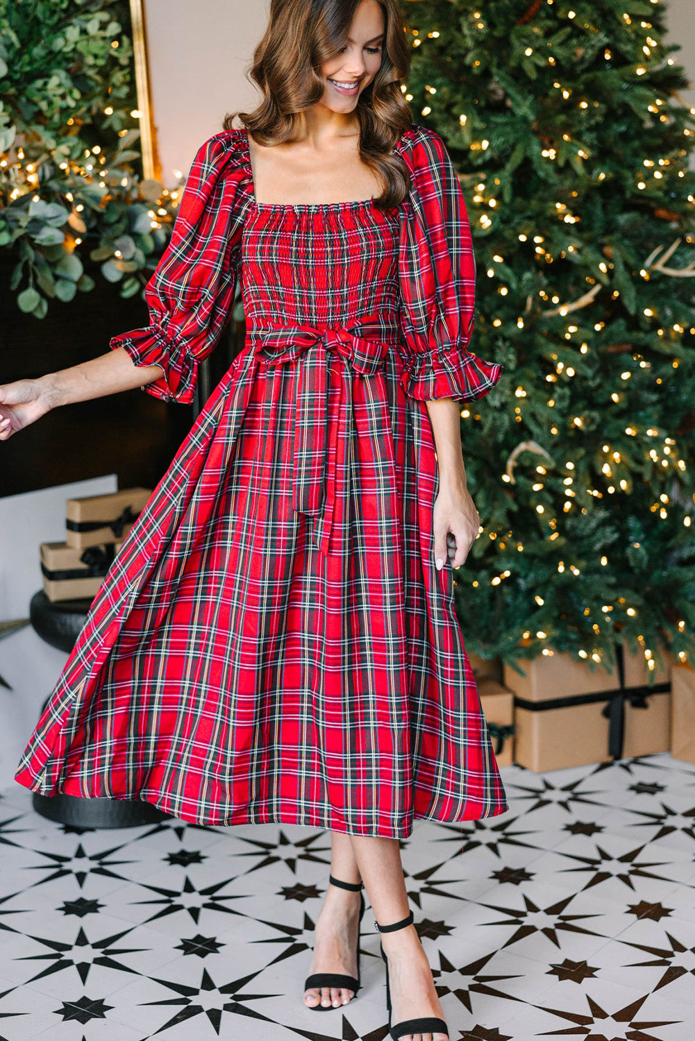 Red Tartan Plaid Square Neck Puff Sleeve Knot Waist Flared Midi Dress