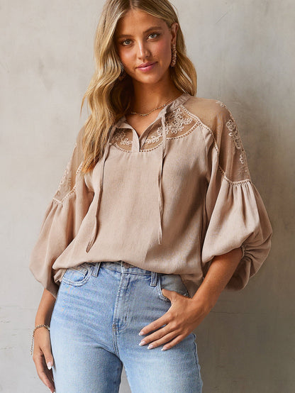 Elegant Lace Trimmed V-Neck Blouse