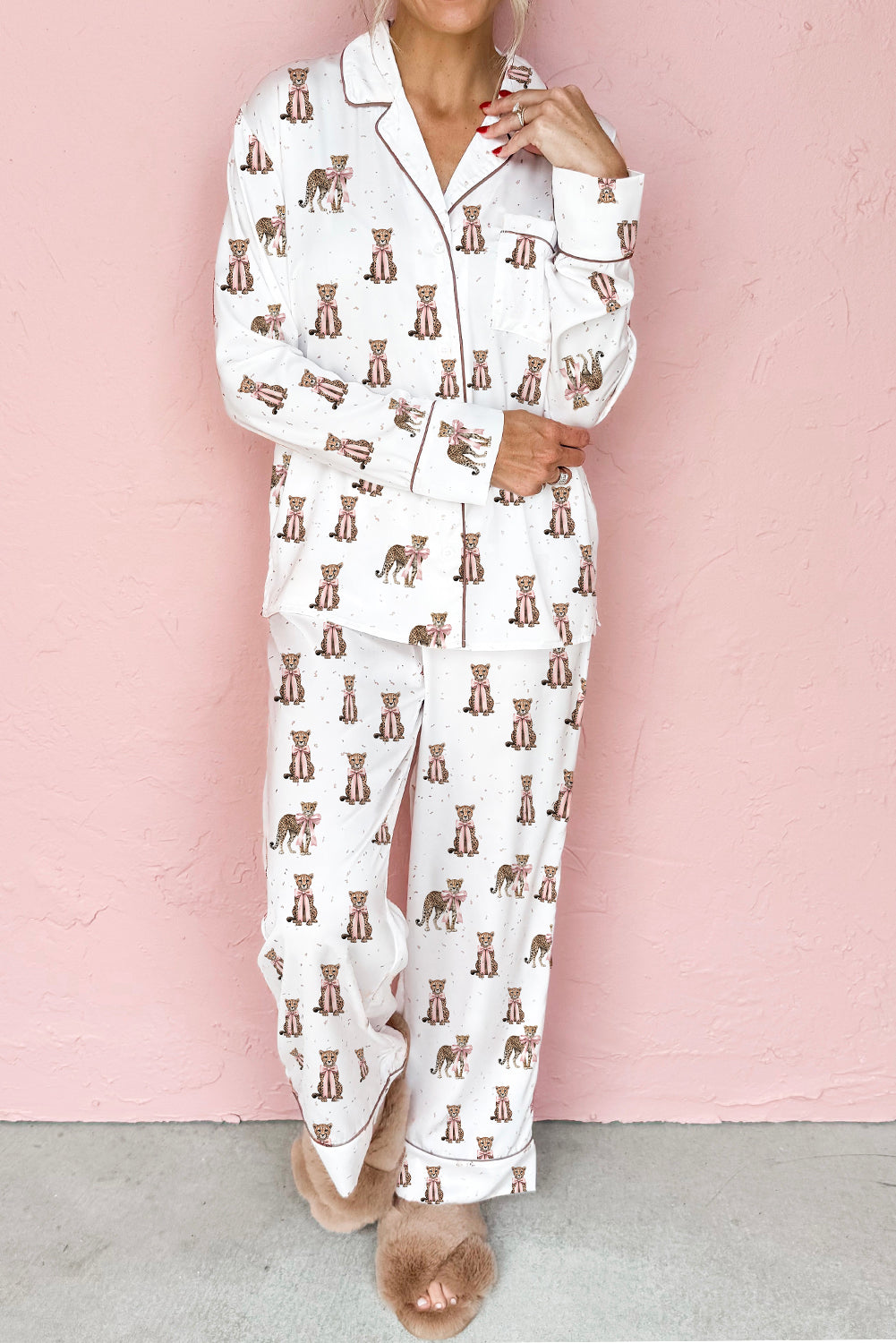 White Pussy Bow Leopard Print Shirt Style 2pcs Pajama Set