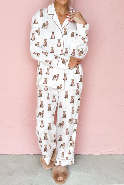 White Pussy Bow Leopard Print Shirt Style 2pcs Pajama Set