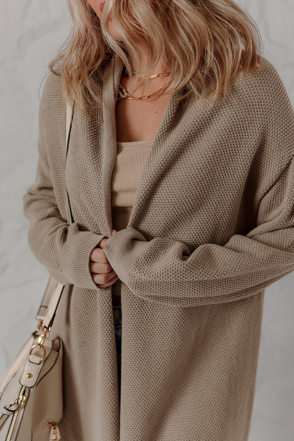 DUNE Solid Color Textured Knit Open Front Oversize Midi Sweater Cardigan