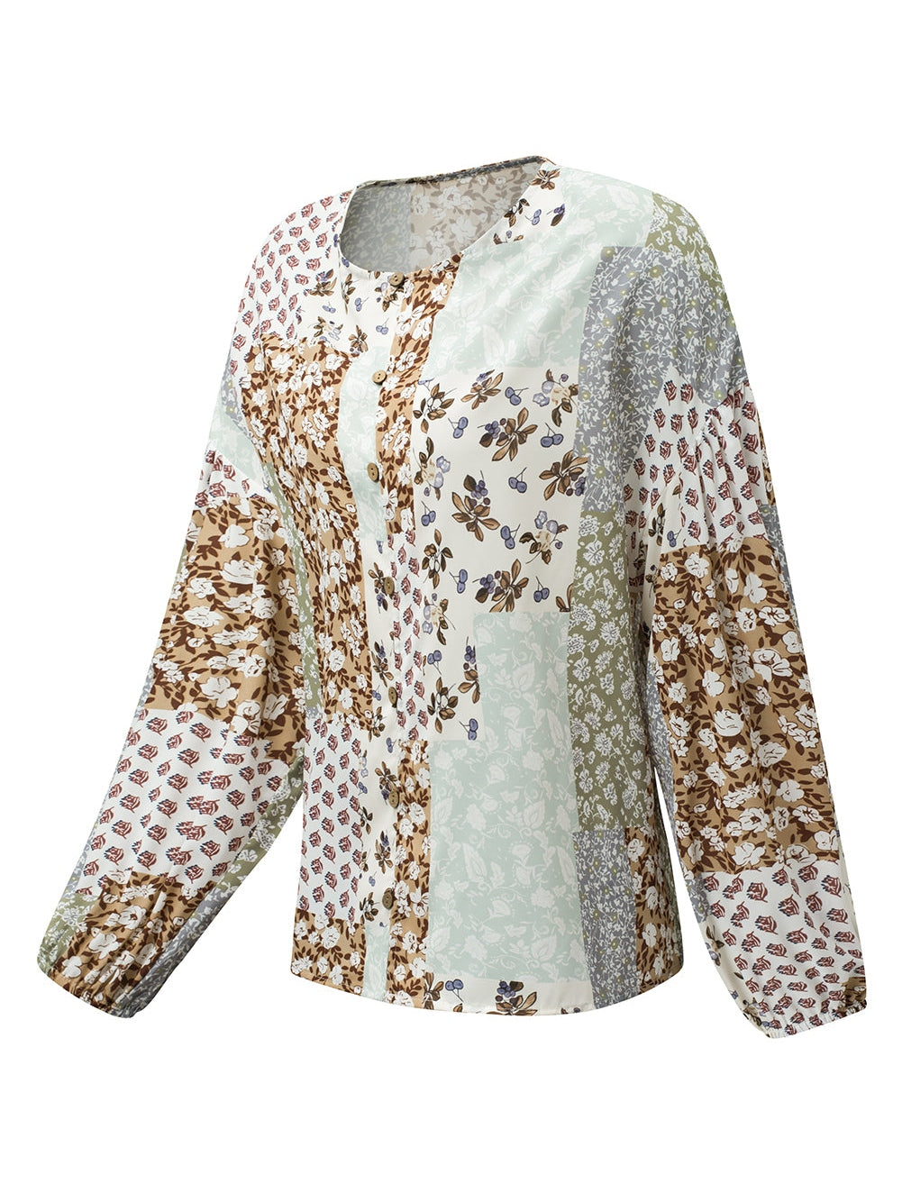 Floral Patchwork Print V-Neck Long Sleeve Blouse