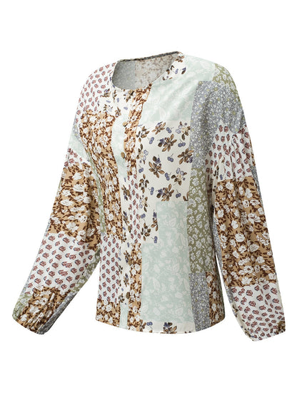 Floral Patchwork Print V-Neck Long Sleeve Blouse
