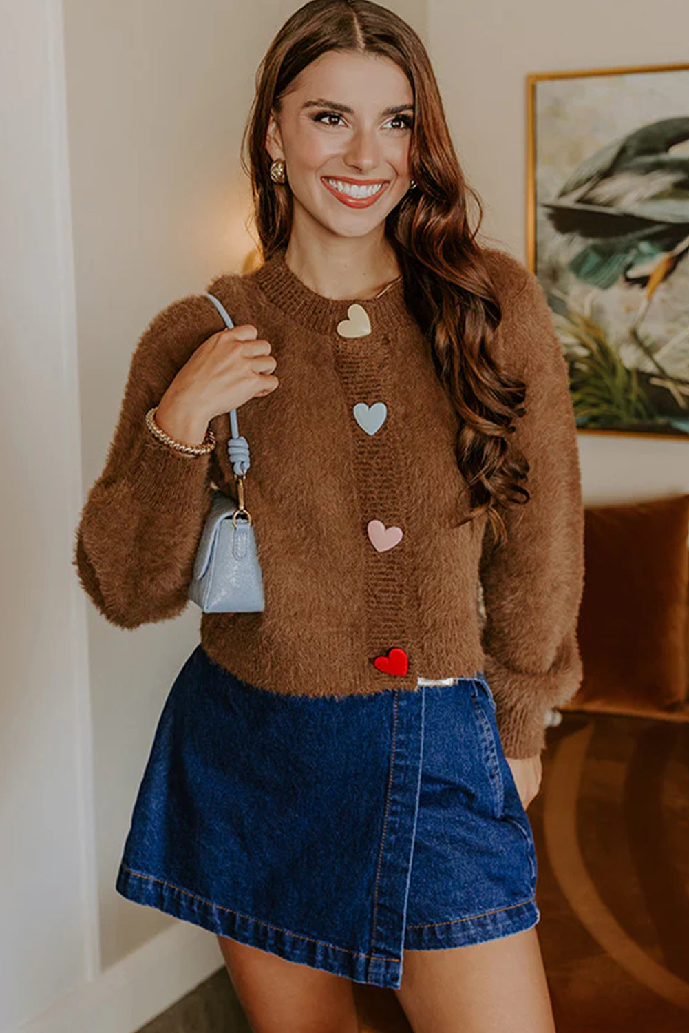 Coffee Contrast Heart Button Plush Knit Sweater Cardigan